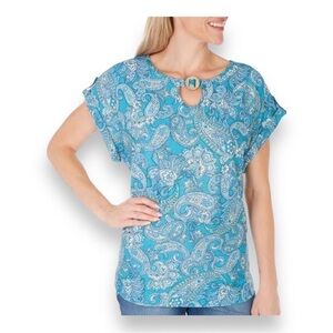 Small Juniper & Lime Blue Paisley Stretch Short Sleeve Boho  Blouse Top